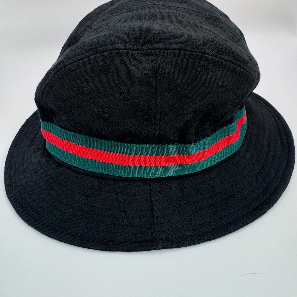 Gucci Black GG Monogram Bucket Hat Web Stripe Logo Made in Italy